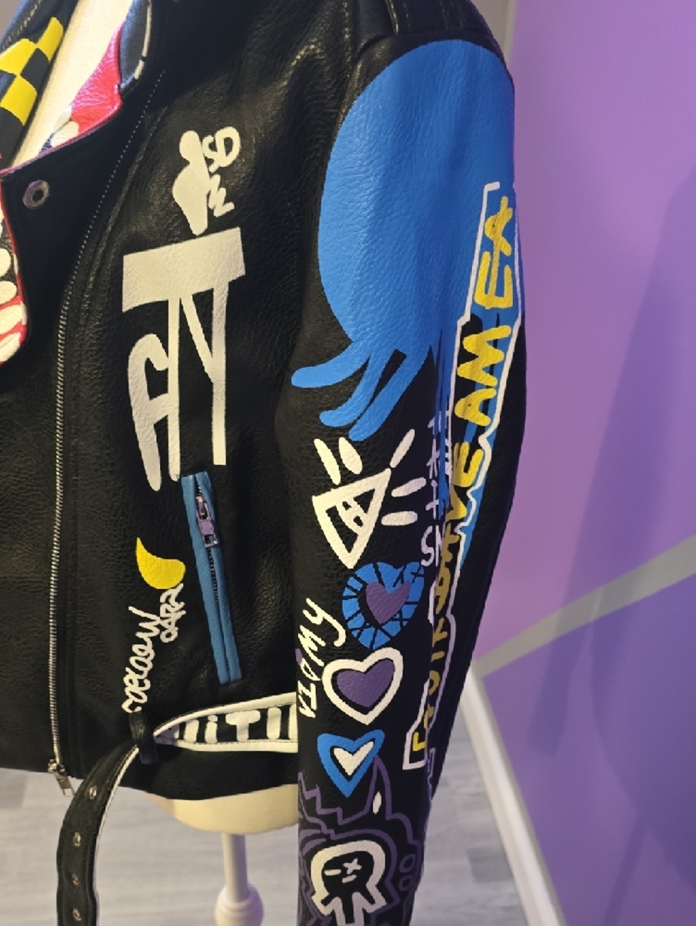 Painted Black Leather Biker Jacket with Multicolor Graffiti Accents - Picture 3 of 14